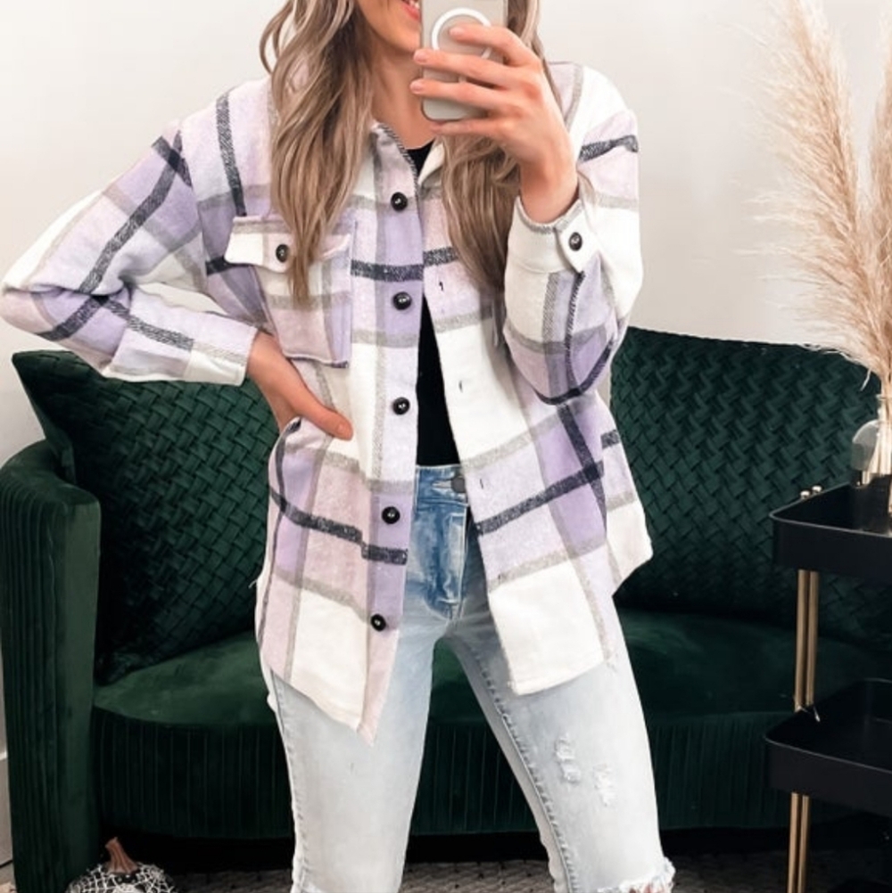 Blue B. NWOT Purple/White Plaid Shacket